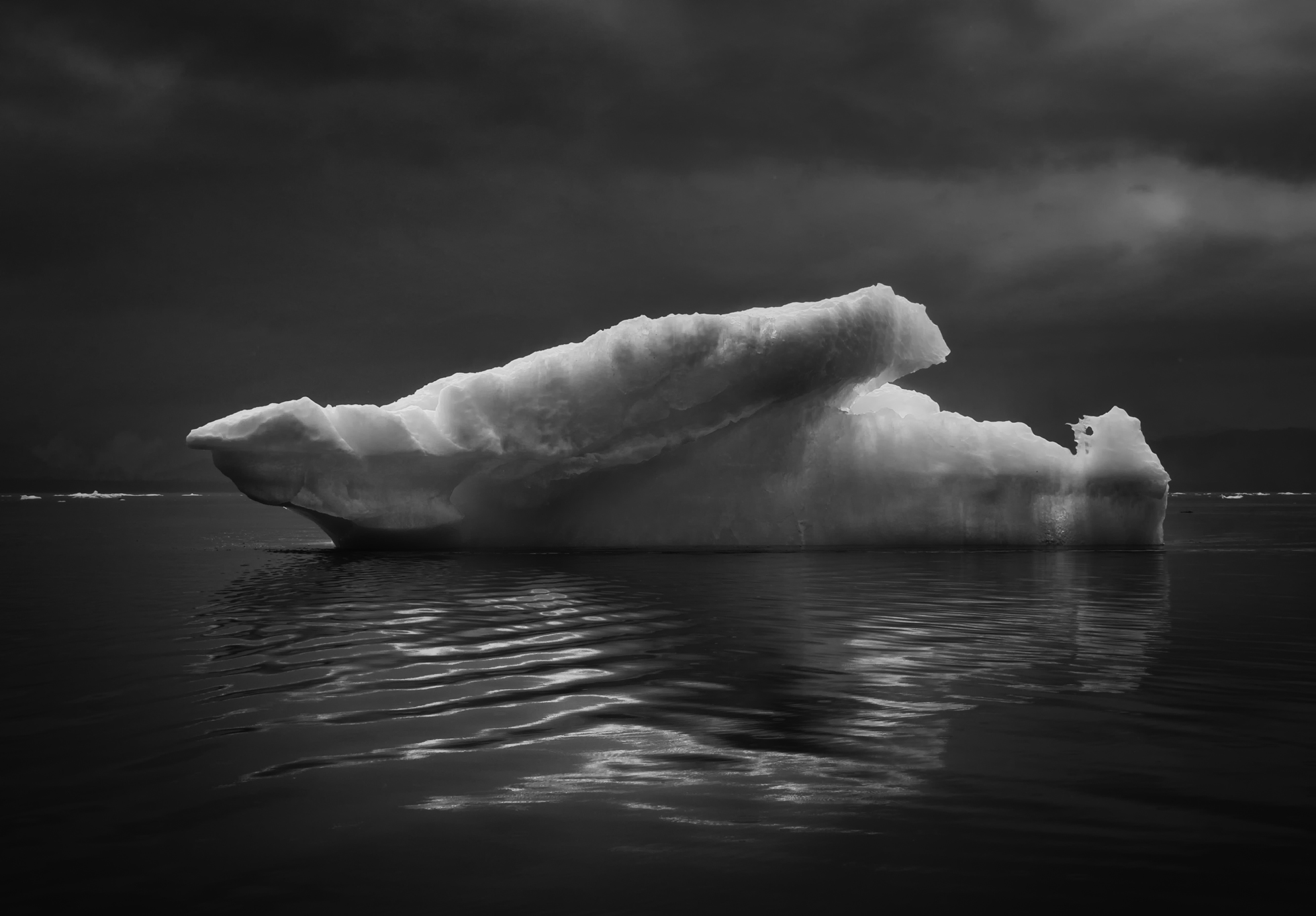 An elongated iceberg in a body of water against a cloudy sky. The iceberg’s shape is reminiscent of a whale breaching: head to the left and the left fin angled up and to the right.