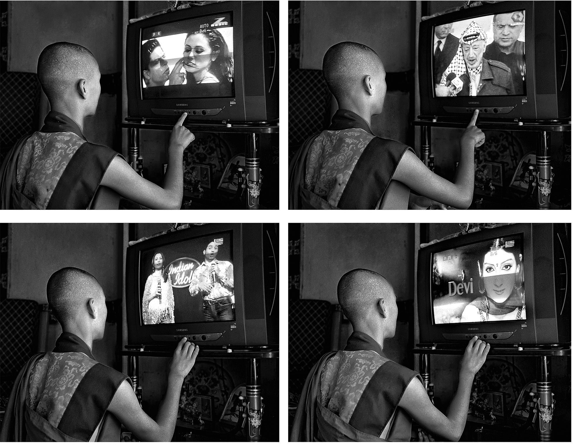 A series of images of a young Bhutanese monk as he flips through channels manually on an older Samsung television.