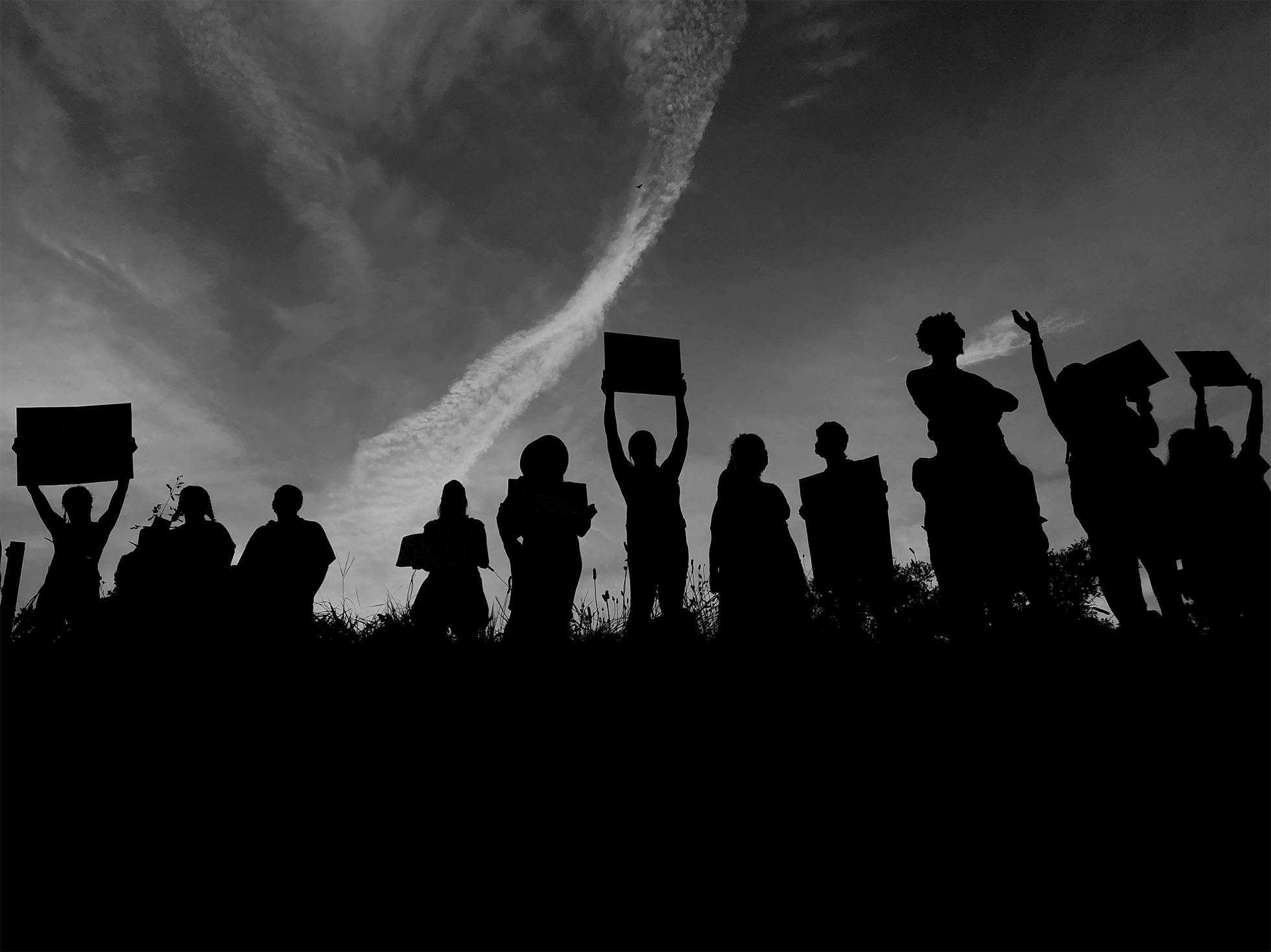 A silhouette of protestors against the sky.
