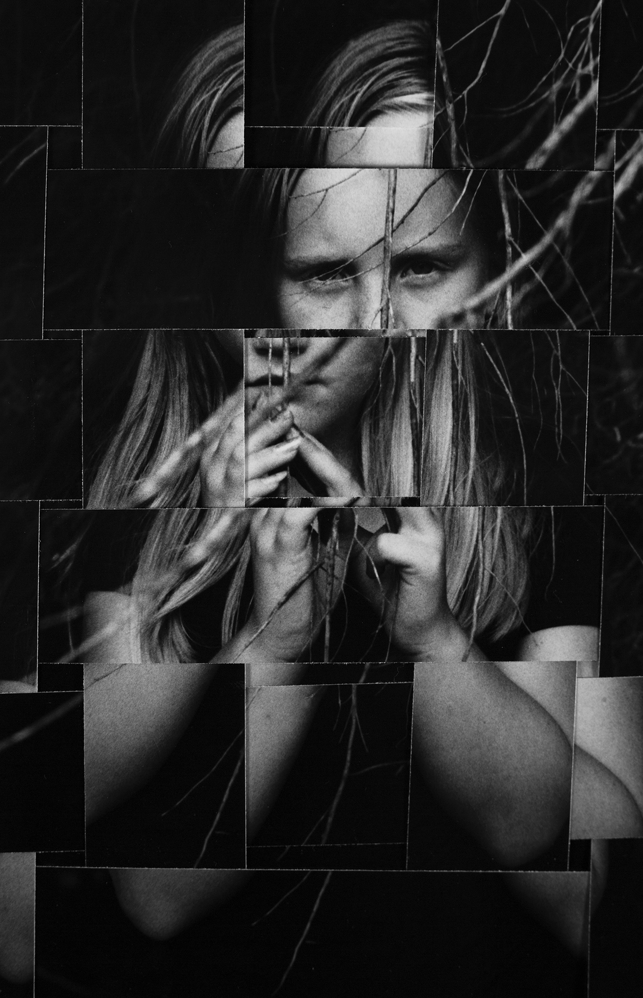 A fragmented image of a young girl holding a branch as branches cut in front of her.