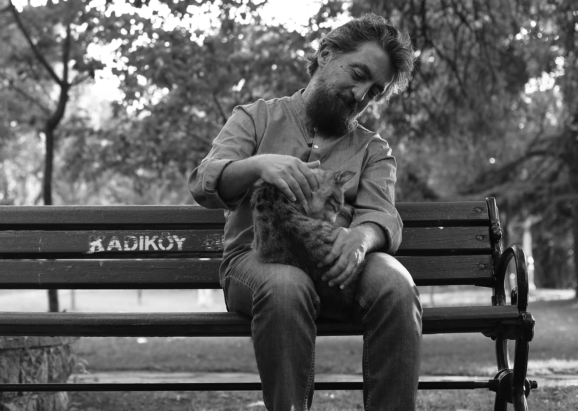 Güven Güzeldere sits on a park bench in Istanbul and pets the cat on his lap.