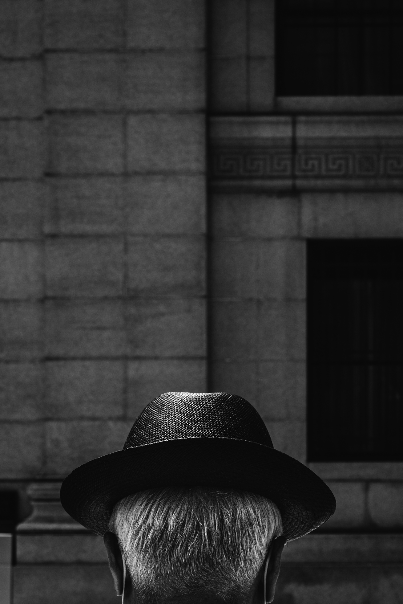 An old man in a fedora stands in front of a large stone multistoried building. Since the man is seen from behind at the bottom of the image and only from the bottom of the ears up, the building is imposing as it spans the image from top to bottom.