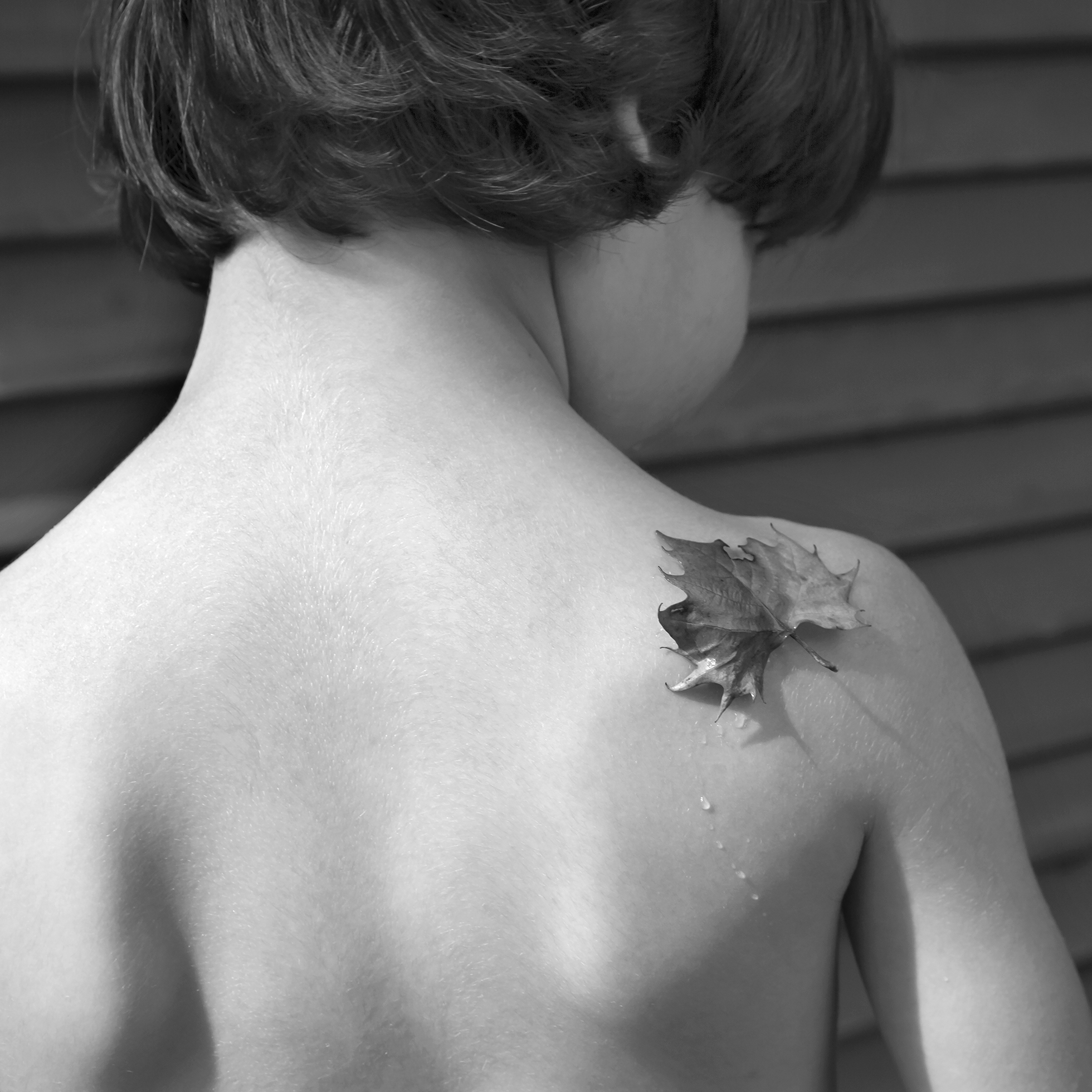 A child with short brown hair stands in front of a structure with siding. The child is seen from behind from bare shoulder blades to almost the top of the head. A wet maple leaf has settled on the right shoulder with water droplets on the skin below.
