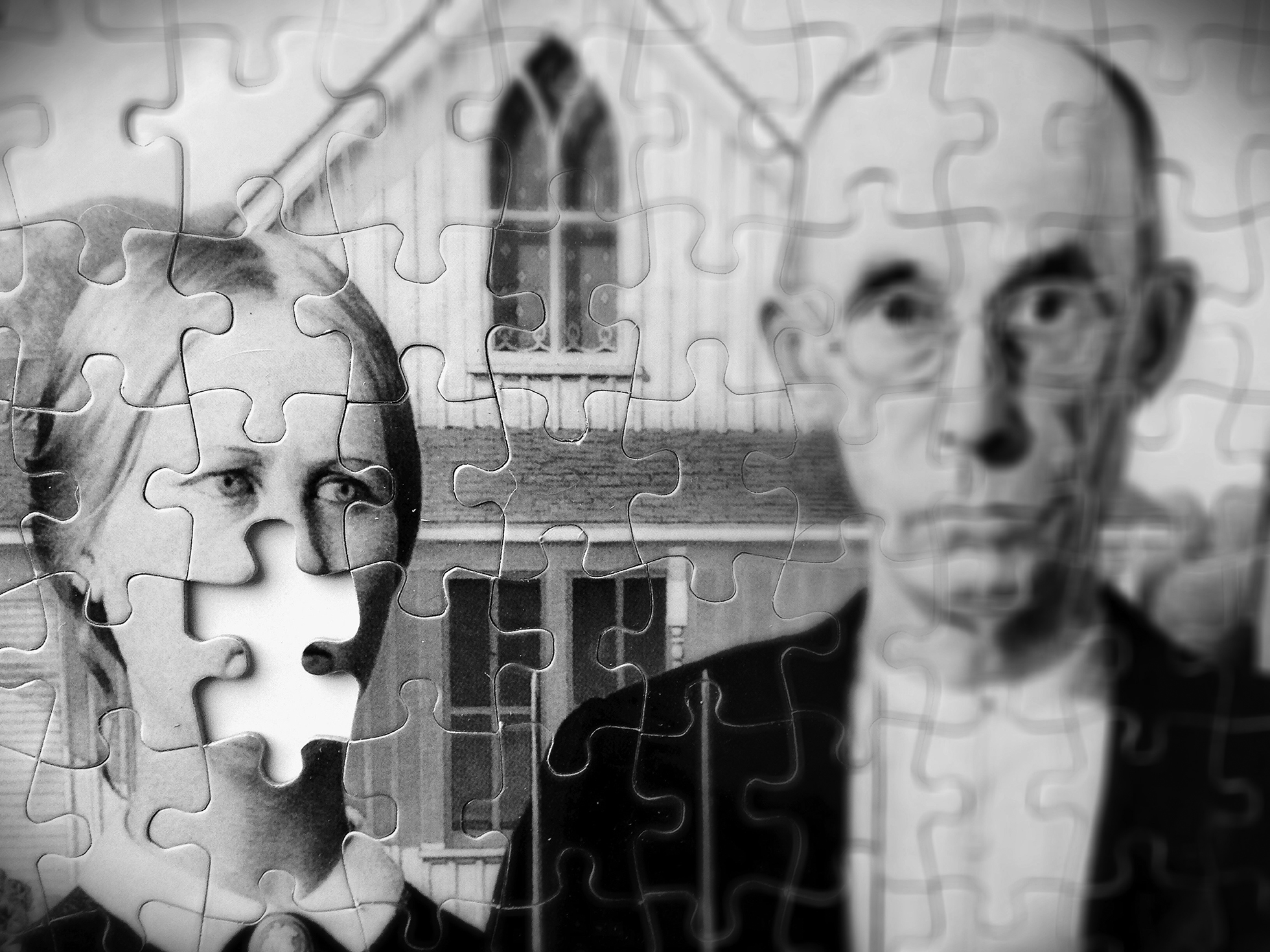 Top portion of Grant Wood’s American Gothic painting with a puzzle effect applied. The puzzle piece where the woman’s mouth should be is missing and shows white underneath.