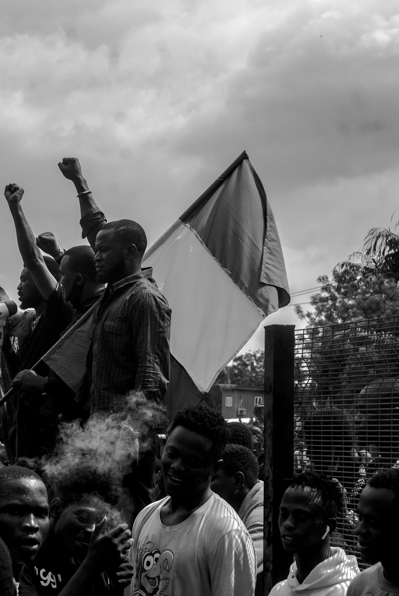 Protesters against police brutality in Lagos, Nigeria, in 2020. One protester has a flag and others have one arm raised with a closed fist.
