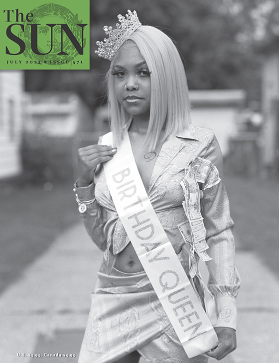 July 2023 cover of The Sun. Nicole at her eighteenth birthday party. She stands looking into the camera wearing a crown and a sash that reads “Birthday Queen.” She is wearing a crop top and wraparound skirt, with a cascade of money pinned to her top.