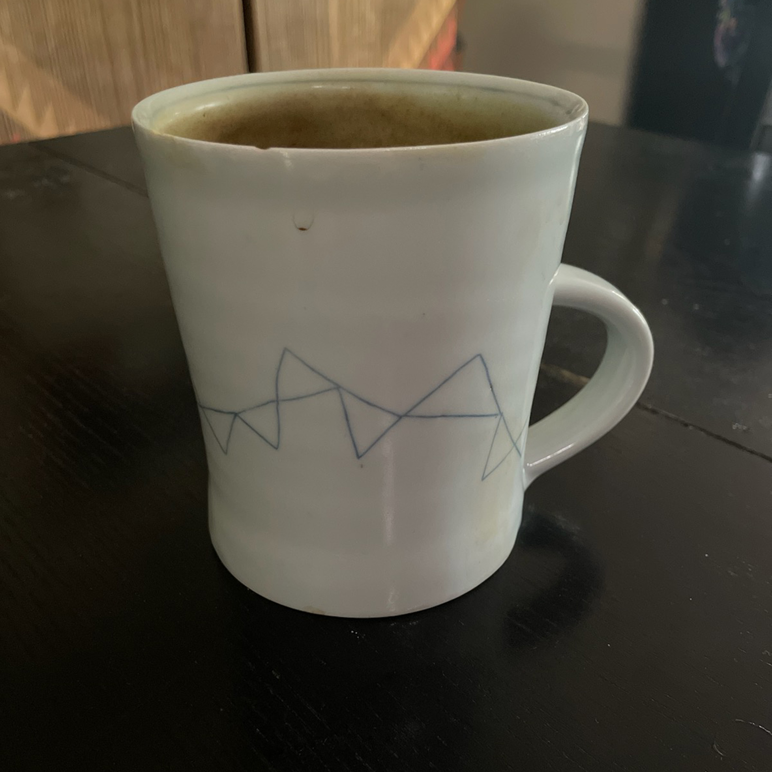 A white coffee mug on a table with the outlines of several triangles along a line with some above the line and some below.