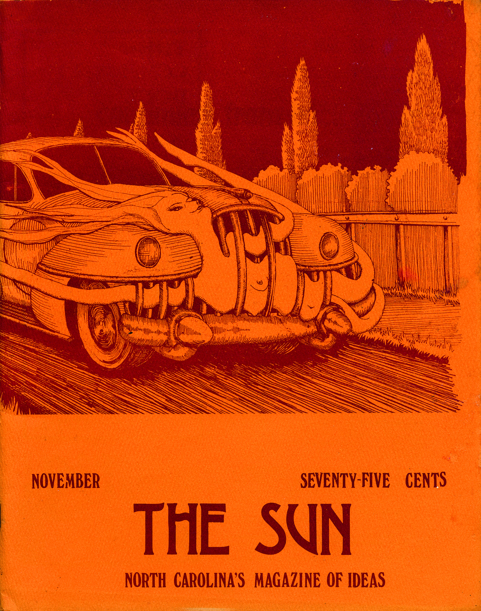 November 1975 cover of The Sun. The theme of the issue is “Women” and a garish cartoon of a car with a ghost of a woman caught in its grille is the cover image. The image is entitled “Buick Gives You Something to Believe in but Plymouth Makes It.”