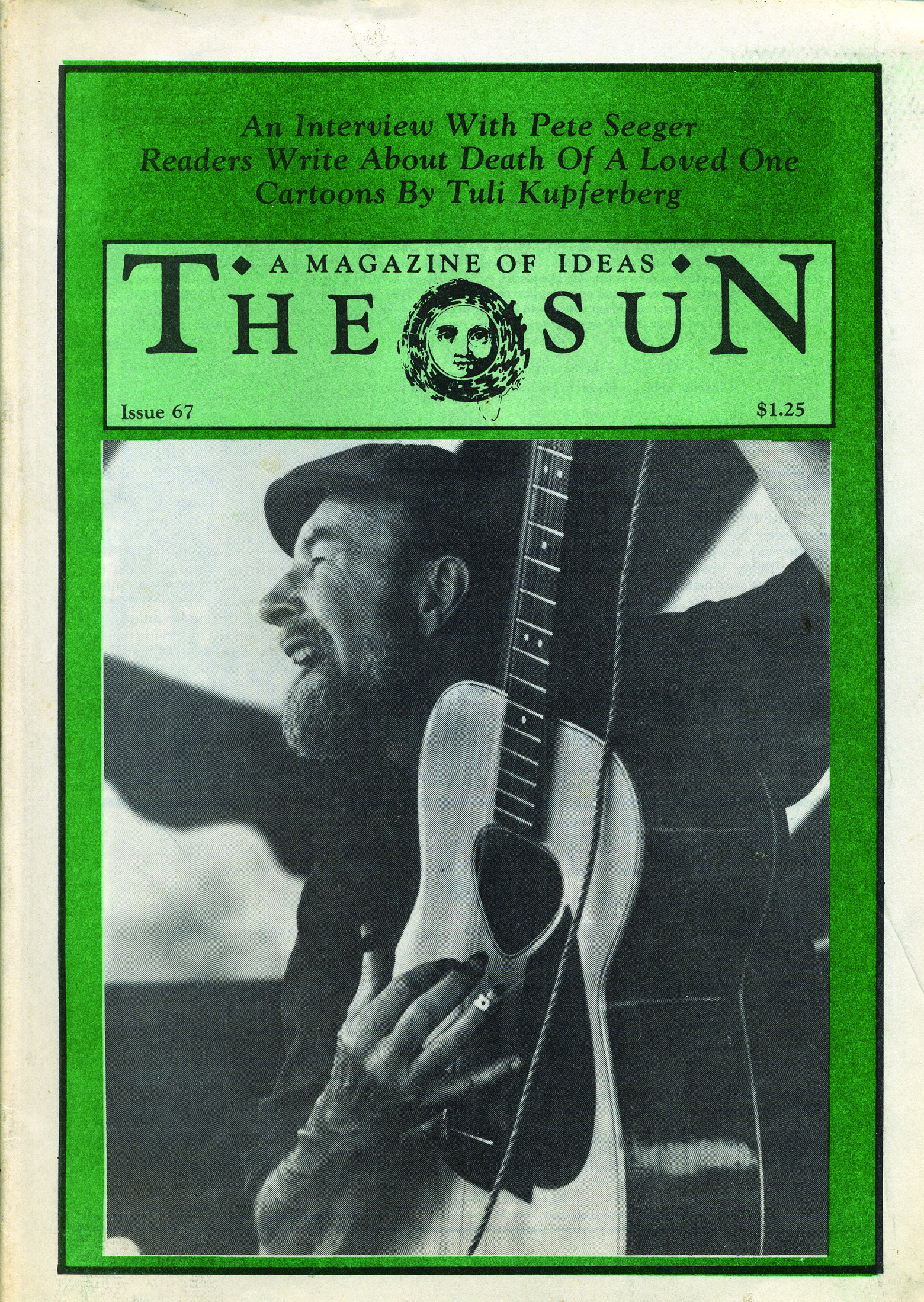 May 1981 cover of The Sun. A photo of folksinger and activist Pete Seeger smiling as he plays a guitar.