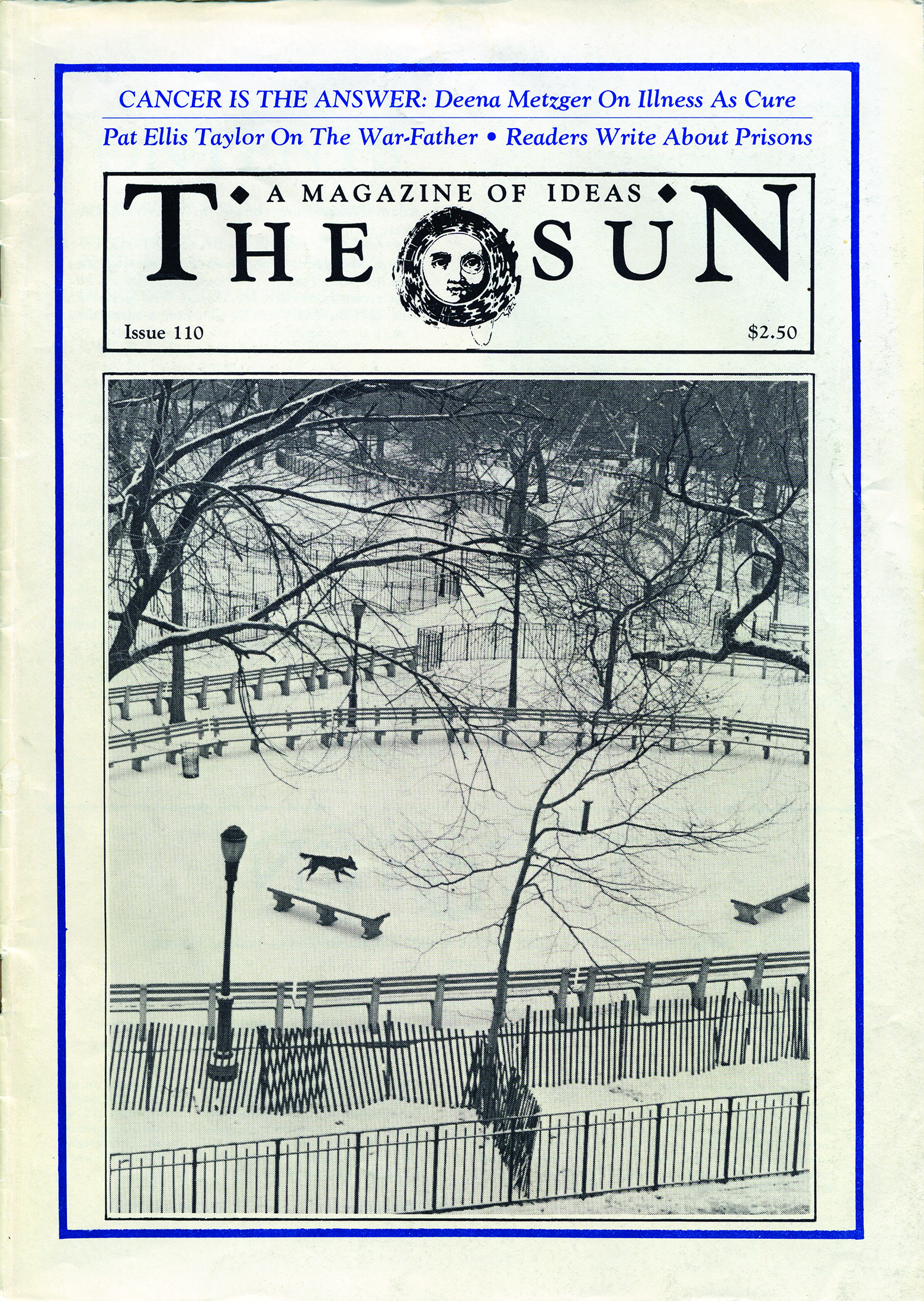 January 1985 cover of The Sun. A marvelous photograph of a snowy park with a lone dog running in the middle of it.
