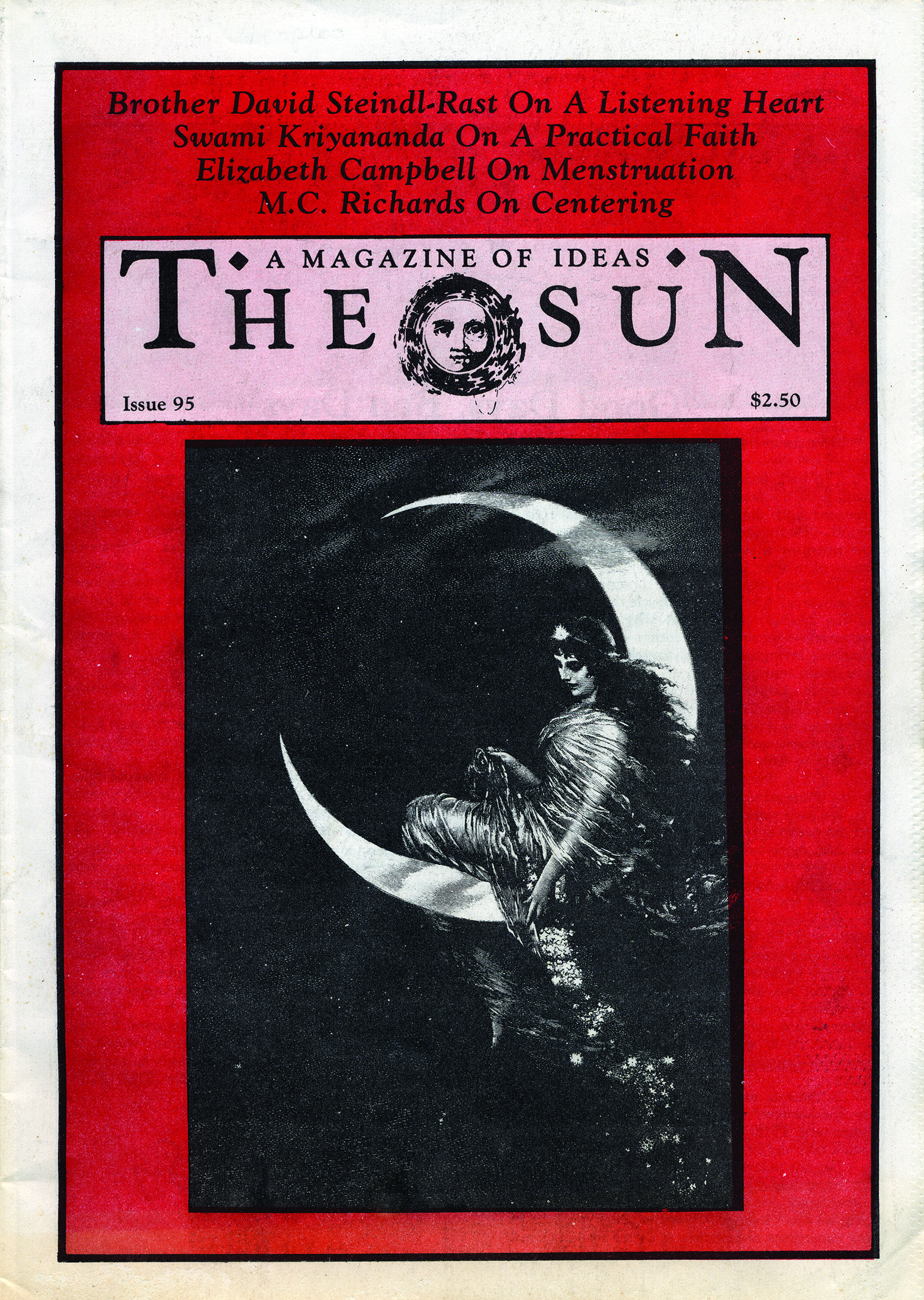 October 1983 cover of The Sun. An image of a woman in drapey garb sitting in a crescent moon.