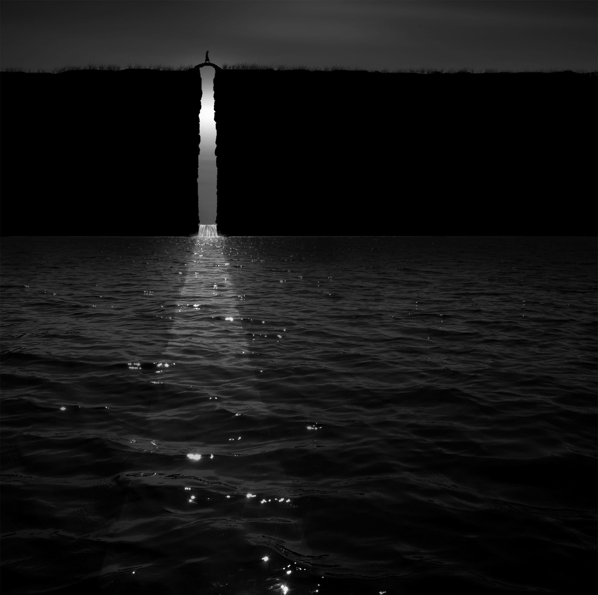 “The Moon Pours In”: A lone figure walks over a bridge in the moonlight. A body of water with a high wall has a small opening that light pours through. The bridge, a half circle above the narrow opening, has a tiny figure walking atop it.