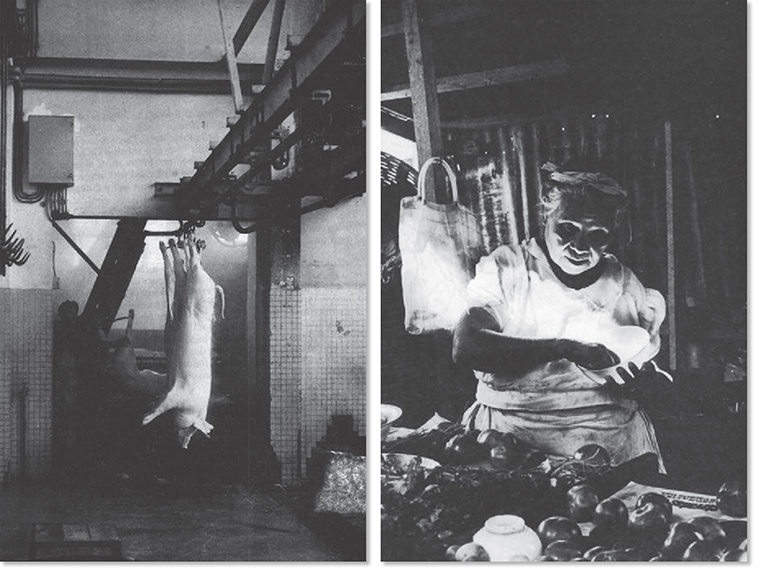 Left: A pair of pigs hang by their hind legs in a slaughterhouse in Switzerland. Right: A woman in Mexico prepares tomatoes for cooking with an almost otherworldly light splashed across her chest. She is standing behind a counter covered in tomatoes.